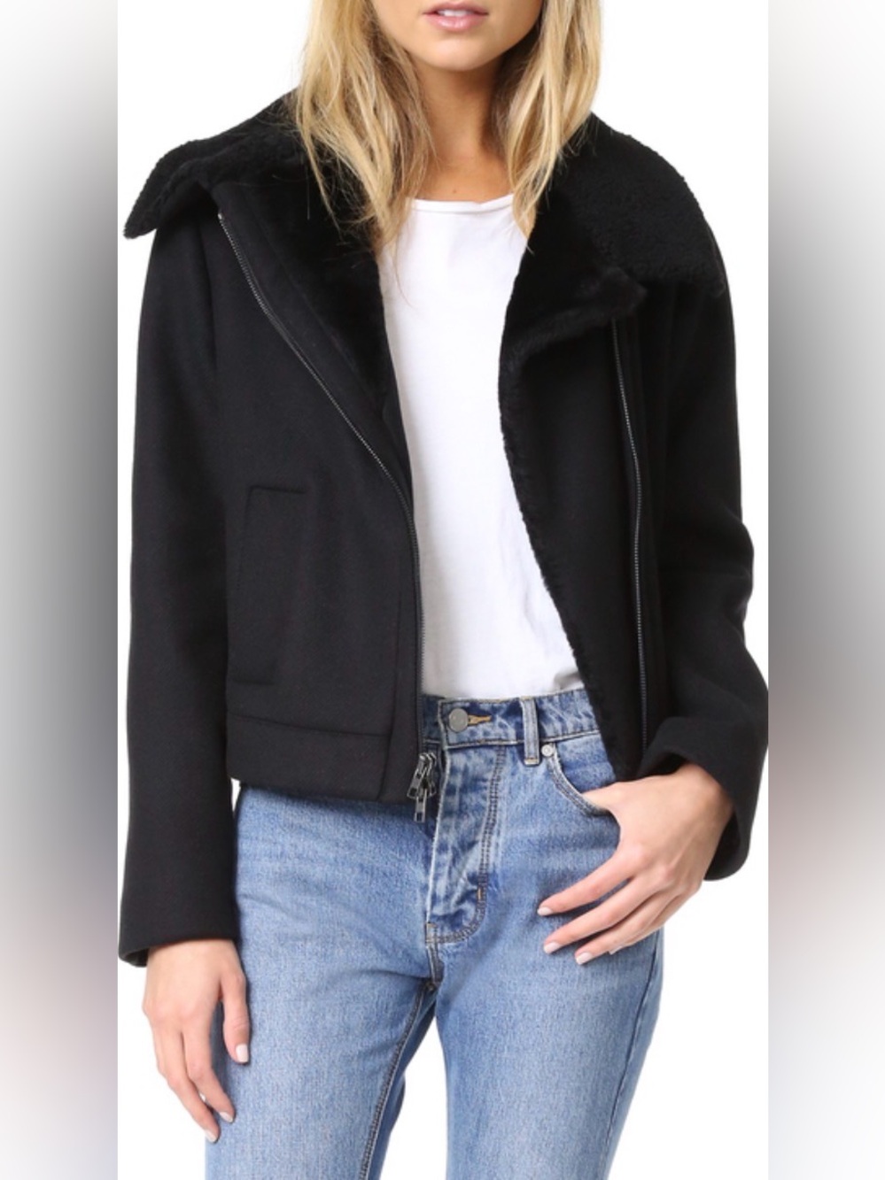 Vince Black Wool Blend Shearling Collar Double Faced Jacket M